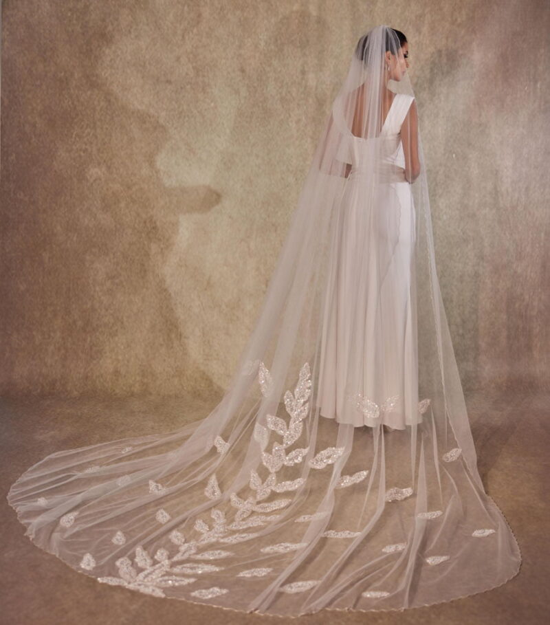 Handcrafted Cathedral-Length Bridal Veil with Intricate Beaded Leaf Design and Crystal Edges