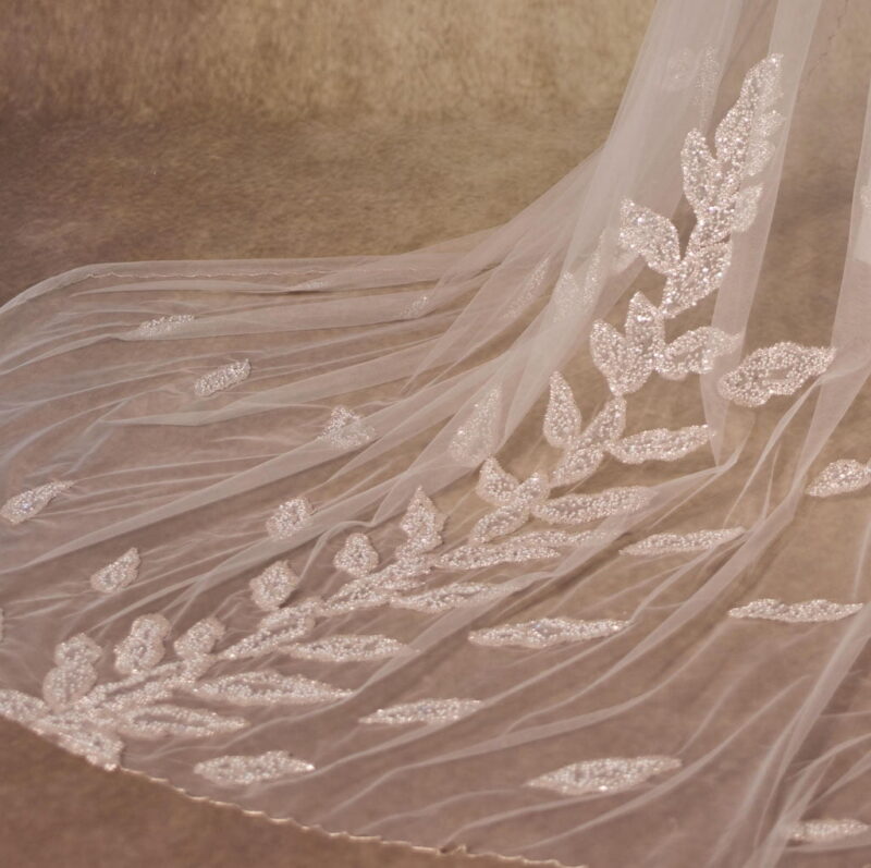 Handcrafted Cathedral-Length Bridal Veil with Intricate Beaded Leaf Design and Crystal Edges