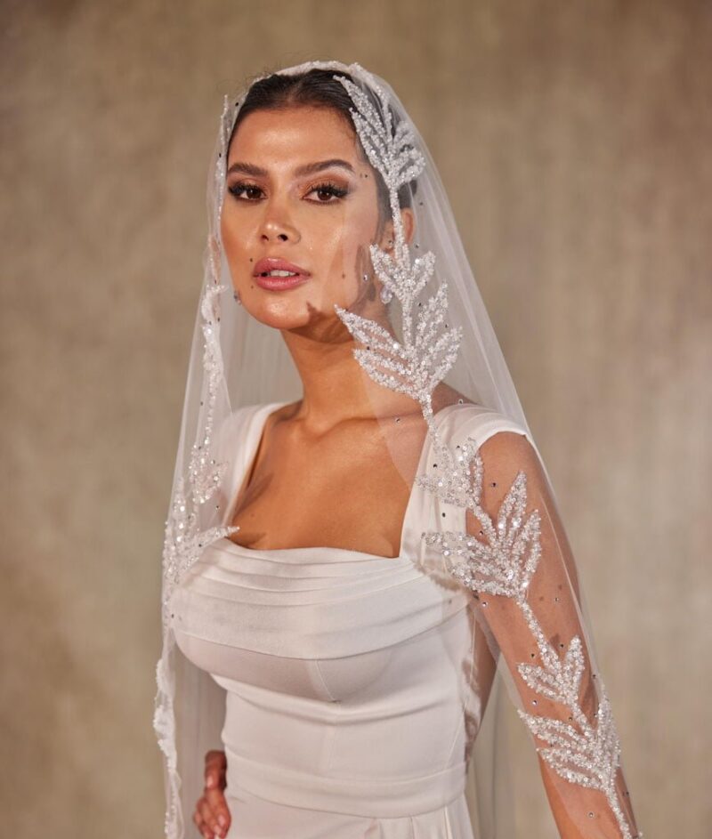 Cathedral-Length Wedding Veil with Beaded Leaf Design on the Edges