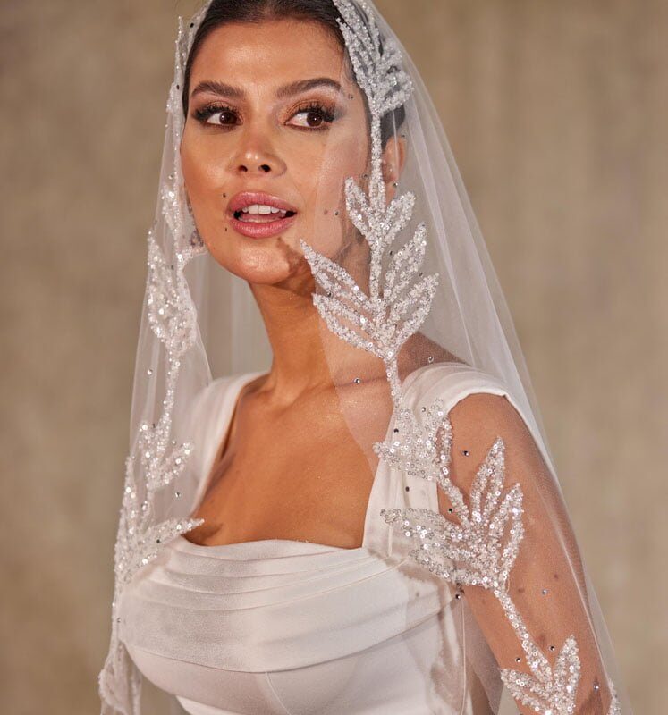 Cathedral-Length Wedding Veil with Beaded Leaf Design on the Edges