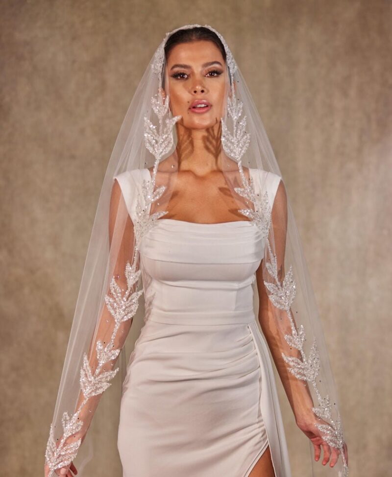 Cathedral-Length Wedding Veil with Beaded Leaf Design on the Edges