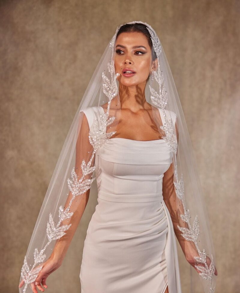 Cathedral-Length Wedding Veil with Beaded Leaf Design on the Edges