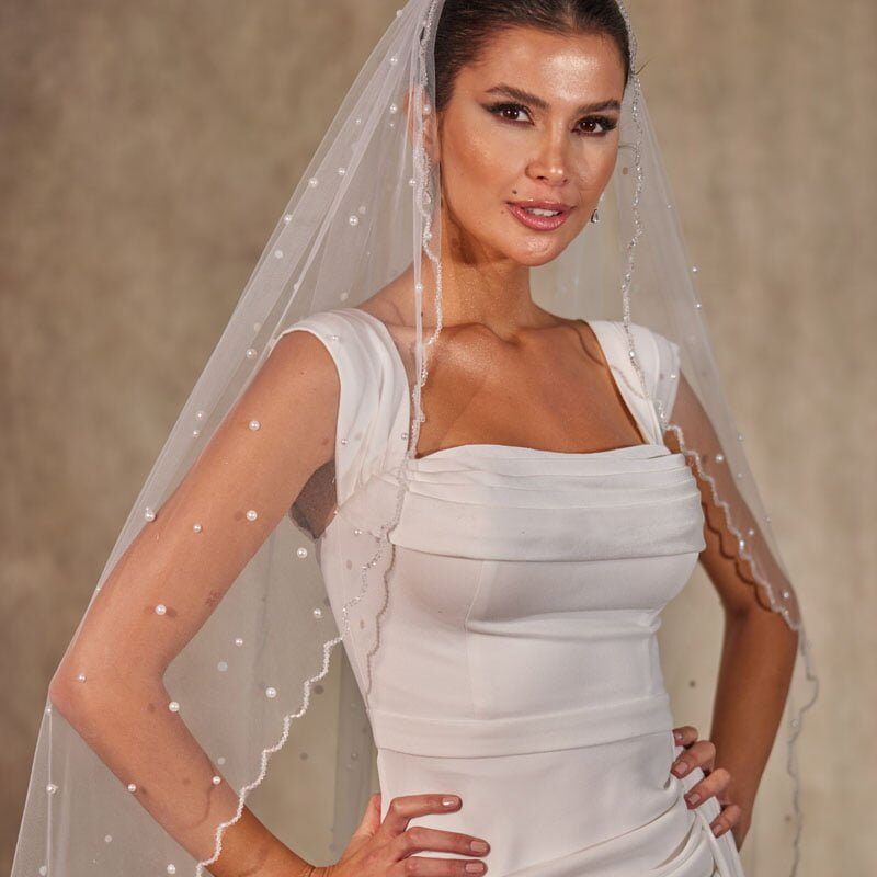 Wedding Veil with Pearl, Bridal Veil with Pearl, Cathedral Veil