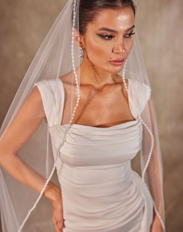 Bead and Pearl Edge Wedding Veil, Bead and Pearl Edge Bridal Veil, Cathedral Veil