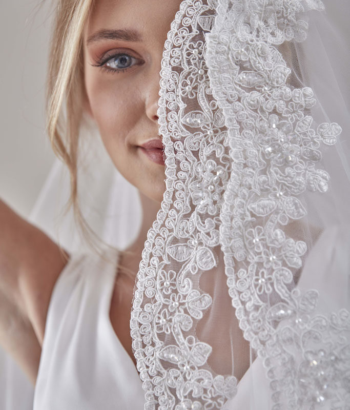 Two tier bridal veil with lace trim, Embroider veil, Wedding veil, Floral Veil, Wedding Hair Accessories-D101