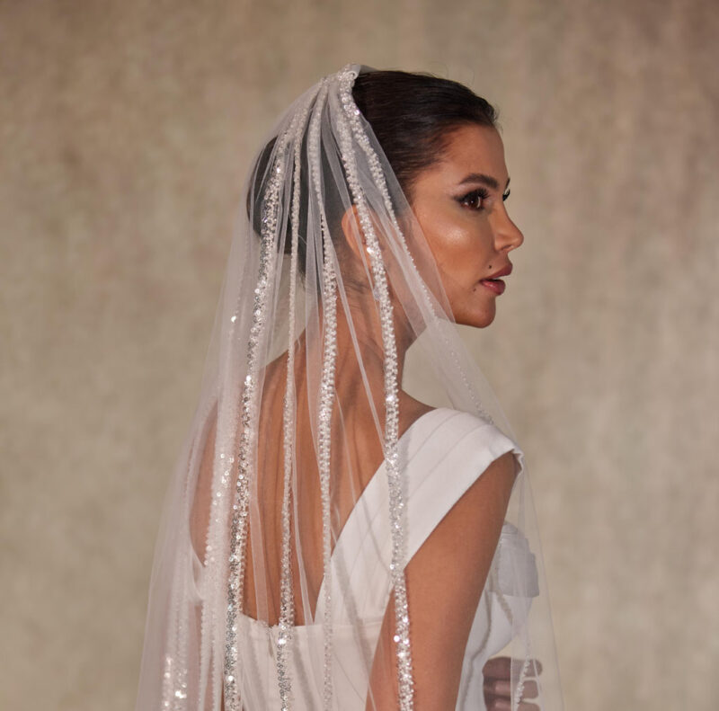 Wedding Veil - Elegant Vertical Lines with Sequins and Beads, Perfect for Bridal Attire, Ideal Bridal Shower Gift-D218